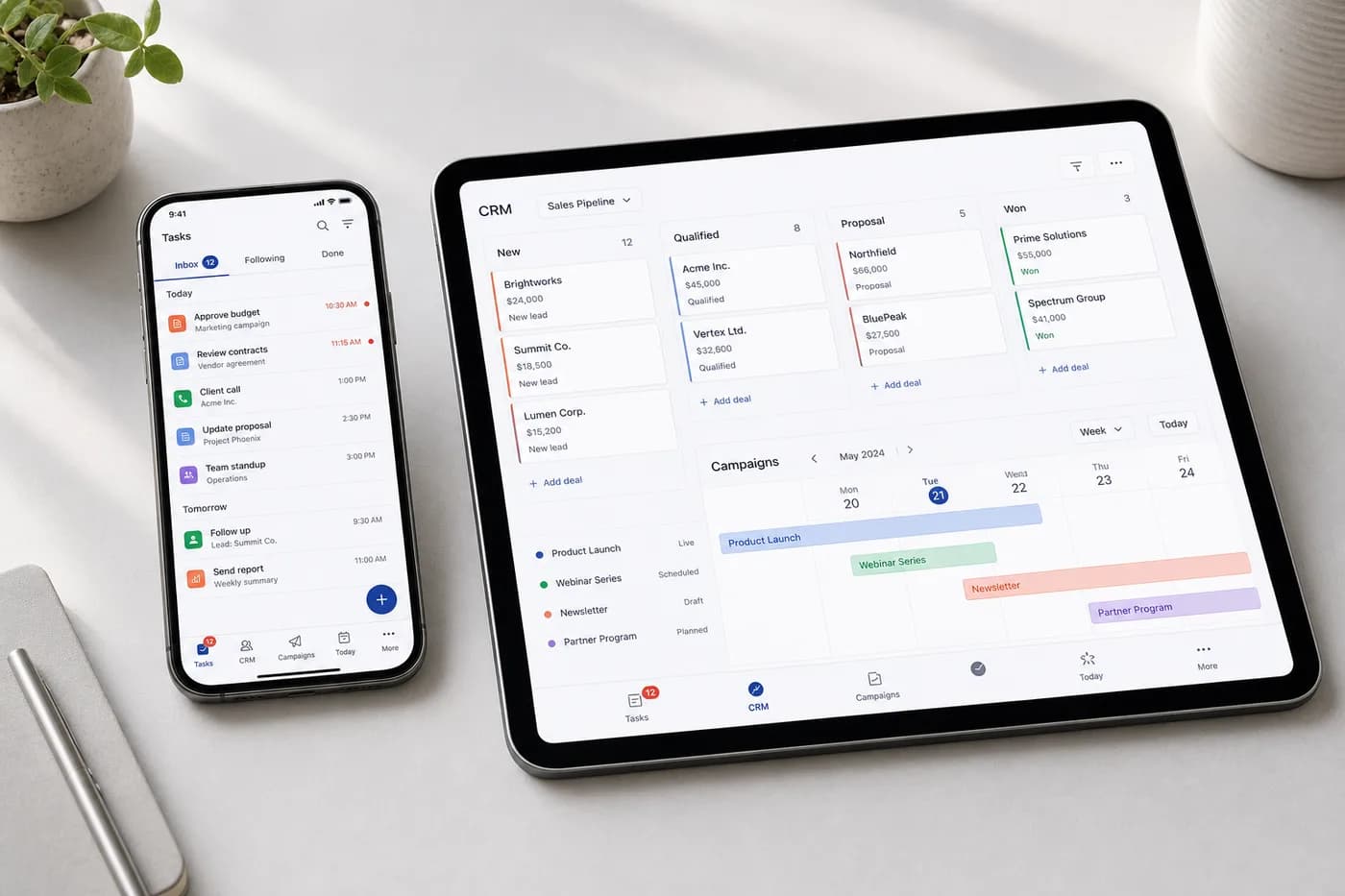 Nexus task inbox, CRM pipeline and campaign calendar on mobile devices